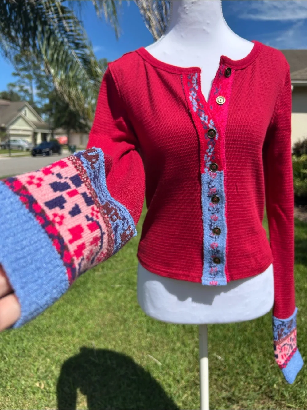 NWT🌷Free People Embroidered Trim Crew Neck Long Sleeve Cardi Top